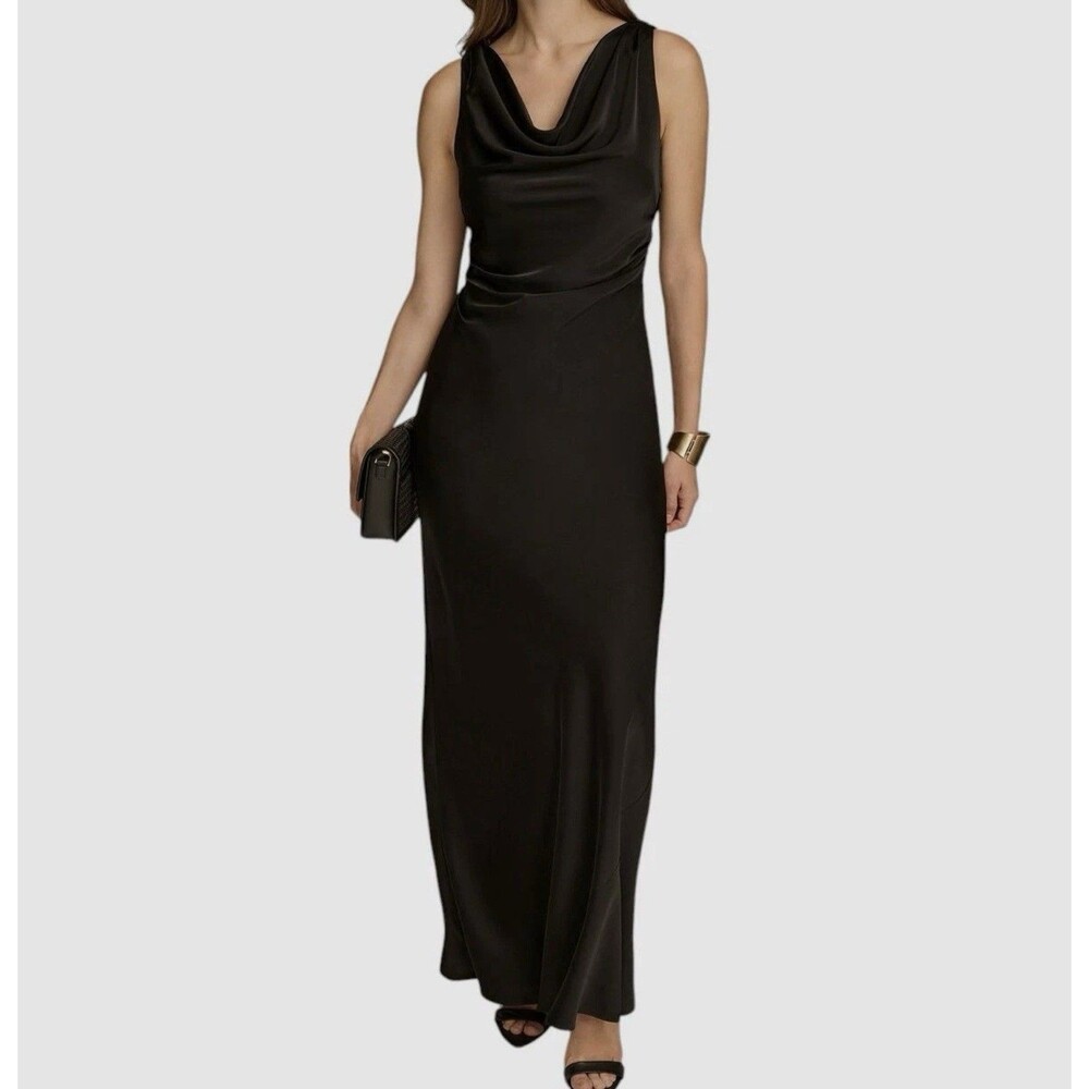 DONNA KARAN New York (Size 4) Black Draped Neckline Silky Satin Open Back Gown